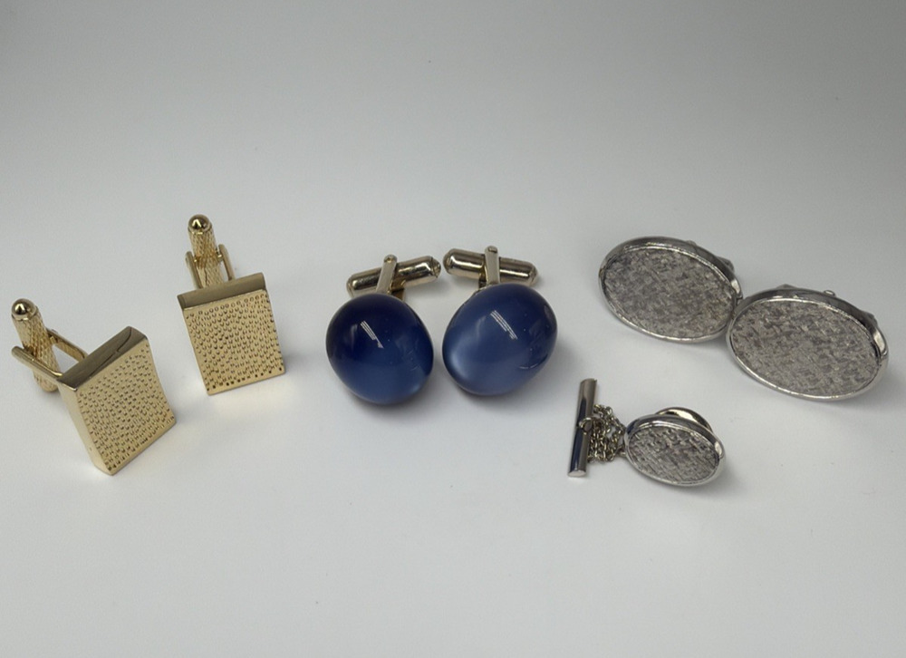 Cufflink Lot of 3 Blue Gold Tone & Silver Tone with Tie Tack